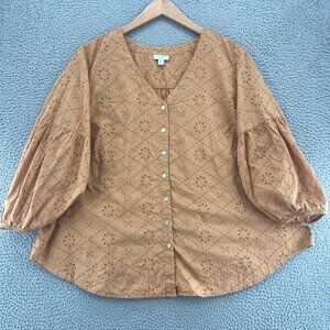J Jill Top Womens 3X Plus Brown Eyelet Lace 3/4 Sleeve Button Up V Neck Cotton